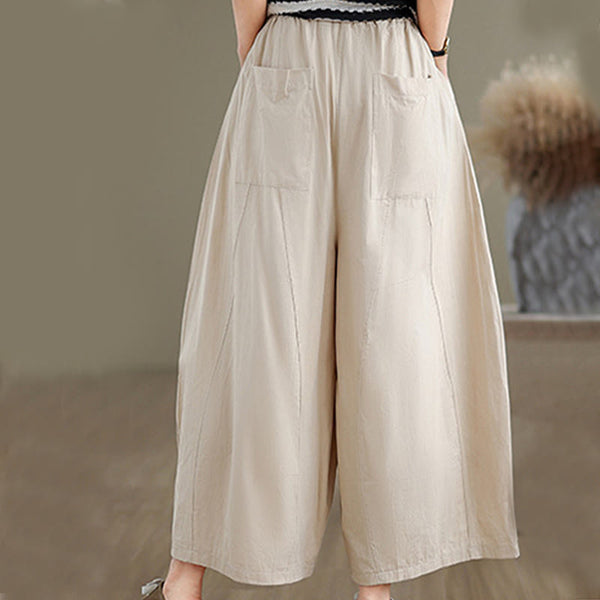Buddha Stones Casual Plain Cotton Women's 7-8 Length Wide Leg Pants With Pockets