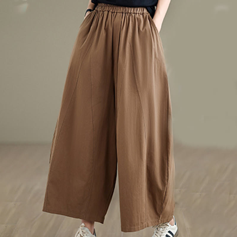 Buddha Stones Casual Plain Cotton Women's 7-8 Length Wide Leg Pants With Pockets