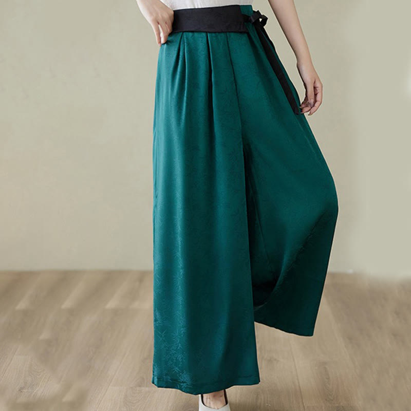Buddha Stones Casual Jacquard Lace-up Cotton Women's Wide Leg Pants With Pockets