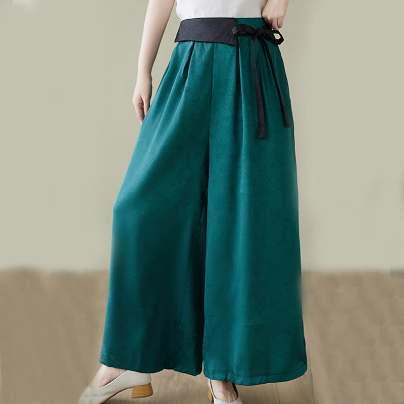 Buddha Stones Casual Jacquard Lace-up Cotton Women's Wide Leg Pants With Pockets