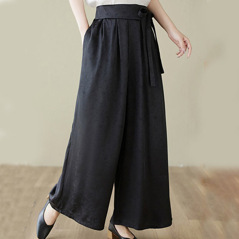 Buddha Stones Casual Jacquard Lace-up Cotton Women's Wide Leg Pants With Pockets