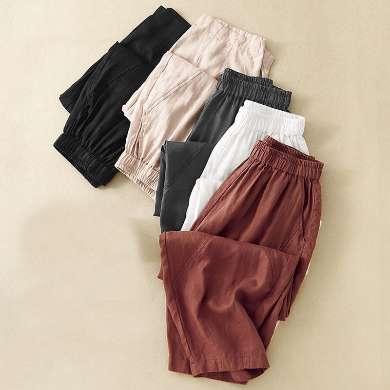 Buddha Stones Casual Plain Cropped Pants Women's Cotton Linen Harem Pants With Pockets