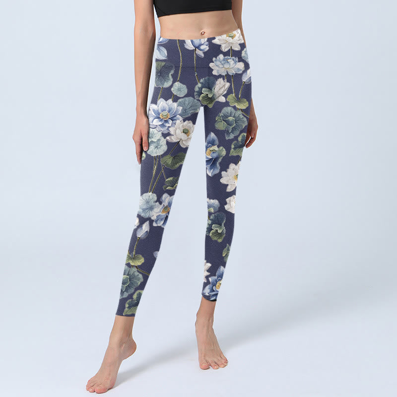 Buddha Stones Blue White Lotus Flowers Oil Painting Print Gym Leggings Women's Yoga Pants