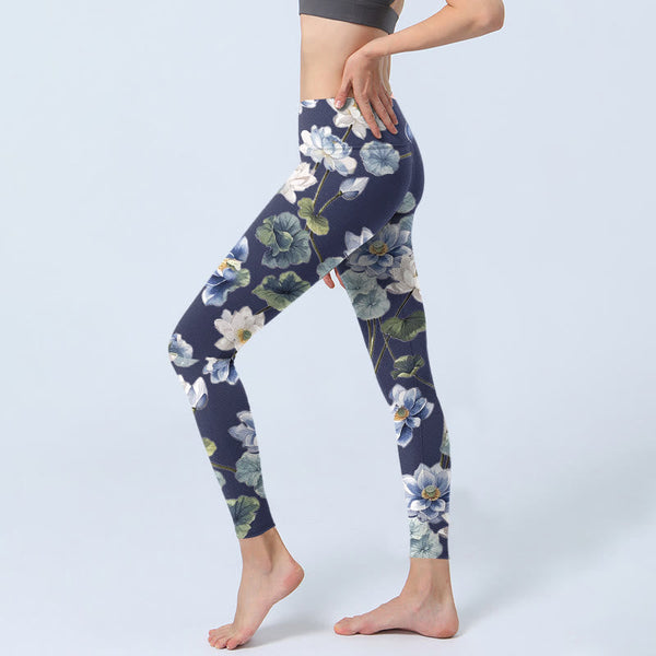 Buddha Stones Blue White Lotus Flowers Oil Painting Print Gym Leggings Women's Yoga Pants