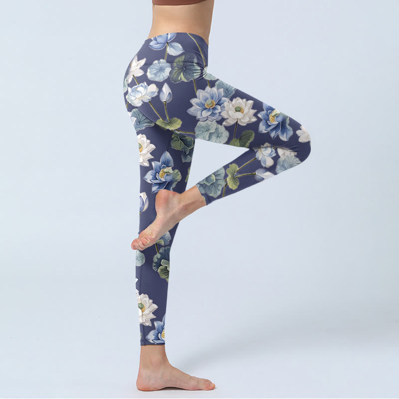 Buddha Stones Blue White Lotus Flowers Oil Painting Print Gym Leggings Women's Yoga Pants
