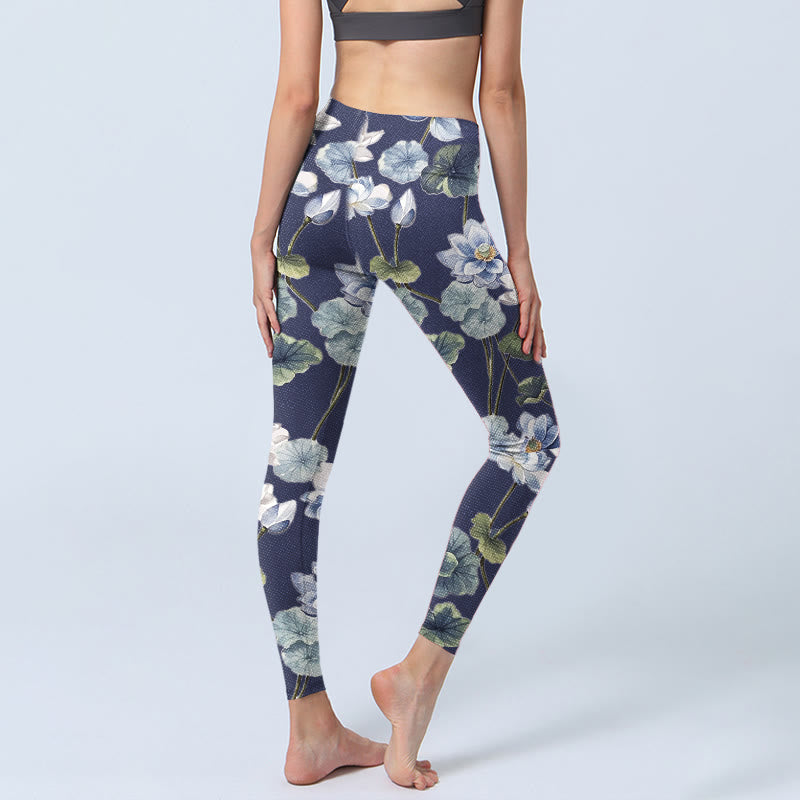 Buddha Stones Blue White Lotus Flowers Oil Painting Print Gym Leggings Women's Yoga Pants