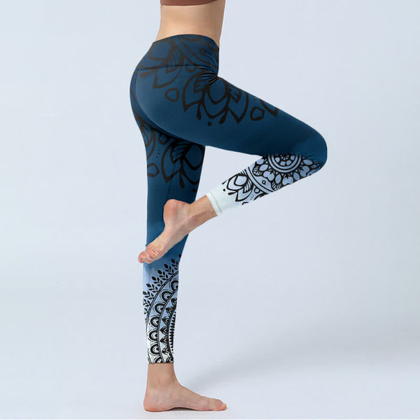 Buddha Stones Circular Mandala Flower Print Gym Leggings Women's Yoga Pants