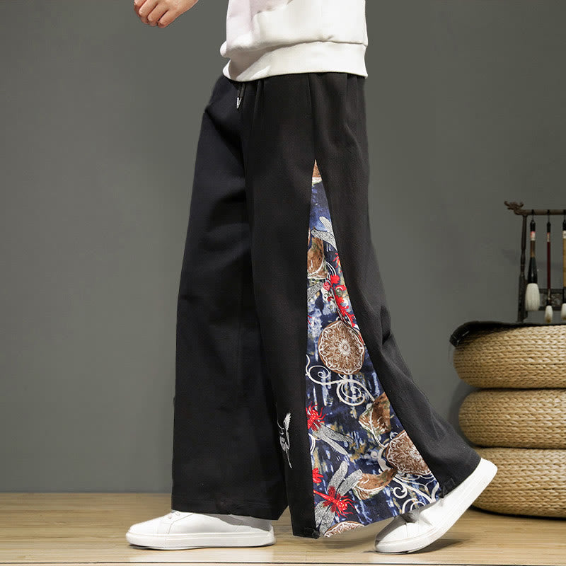 Buddha Stones Crane Embroidery Drawstring Men's Cotton Linen Wide Leg Pants With Pockets