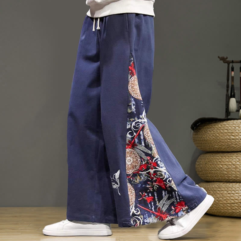 Buddha Stones Crane Embroidery Drawstring Men's Cotton Linen Wide Leg Pants With Pockets