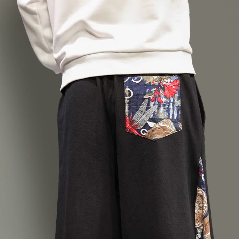 Buddha Stones Crane Embroidery Drawstring Men's Cotton Linen Wide Leg Pants With Pockets