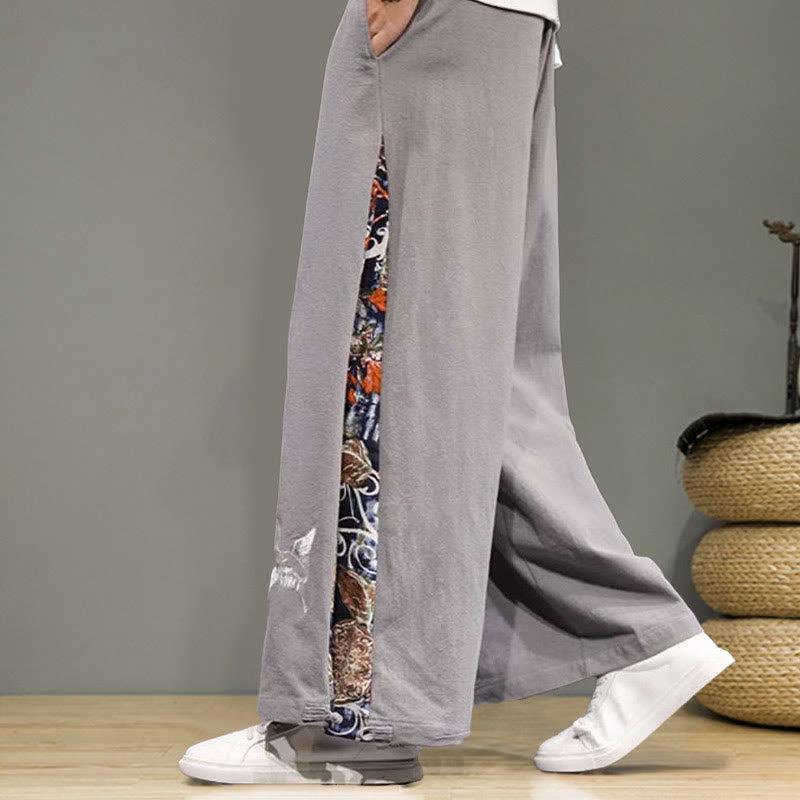 Buddha Stones Crane Embroidery Drawstring Men's Cotton Linen Wide Leg Pants With Pockets