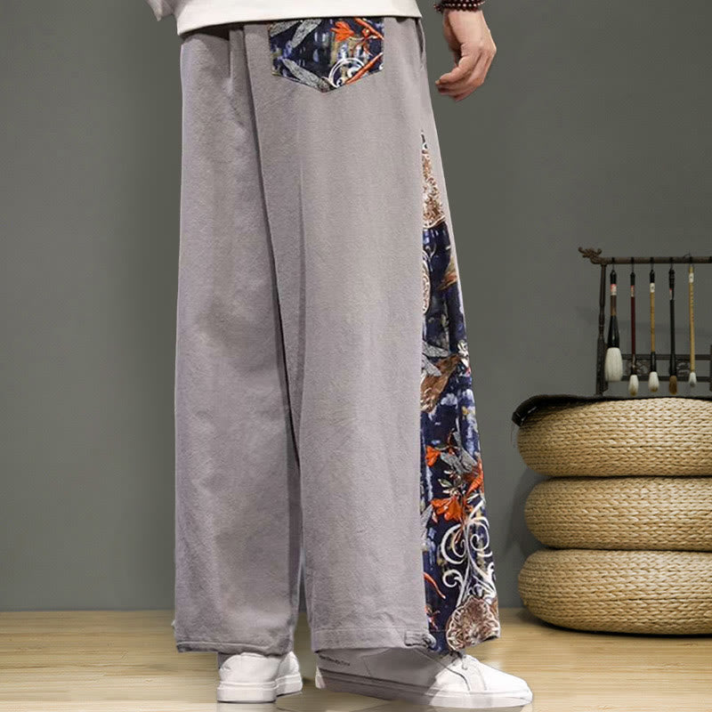 Buddha Stones Crane Embroidery Drawstring Men's Cotton Linen Wide Leg Pants With Pockets