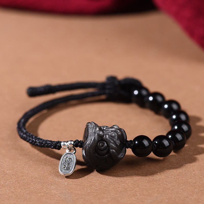 Buddha Stones Black Obsidian Silver Sheen Obsidian Cute Cat Dancing Lion Strength Bracelet