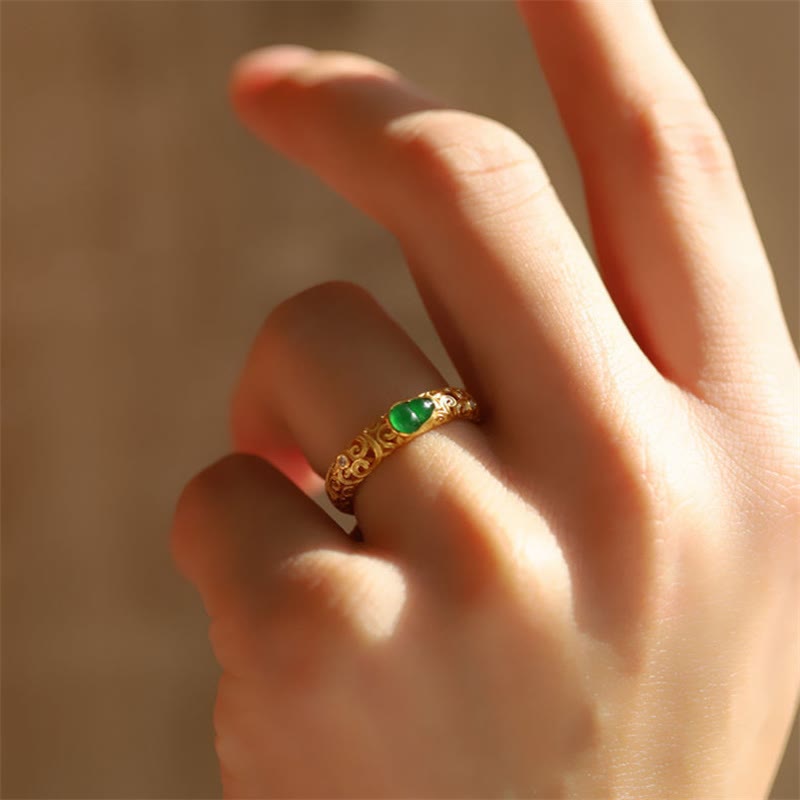 Buddha Stones Vintage Gourd Green Chalcedony Copper Alloy Wealth Ring