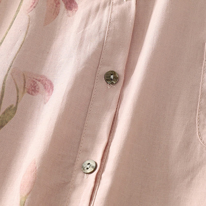 Buddha Stones Casual Daily Printing Lily Pattern Half Puff Sleeve Women's Cotton Linen Shirt