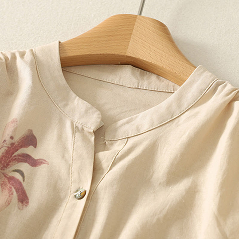 Buddha Stones Casual Daily Printing Lily Pattern Half Puff Sleeve Women's Cotton Linen Shirt