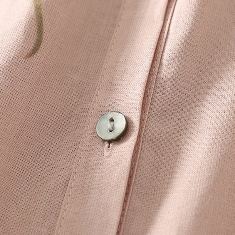 Buddha Stones Casual Daily Printing Lily Pattern Half Puff Sleeve Women's Cotton Linen Shirt