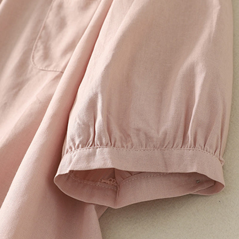 Buddha Stones Casual Daily Printing Lily Pattern Half Puff Sleeve Women's Cotton Linen Shirt