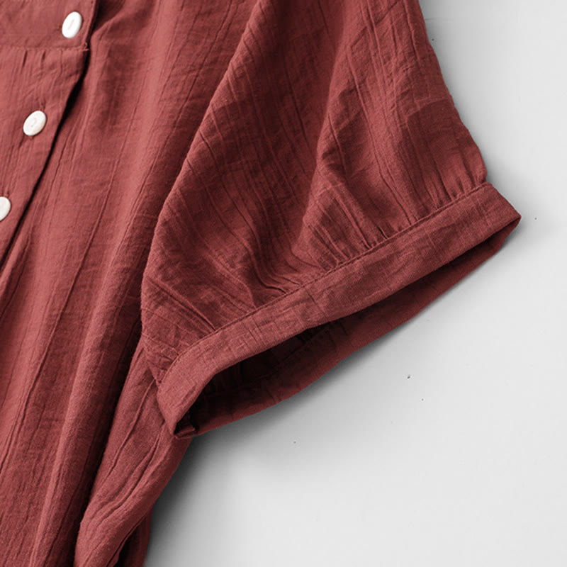 Buddha Stones Casual Plain Asymmetrical Lace-Up Design Puff Short Sleeve Women's Cotton Shirt