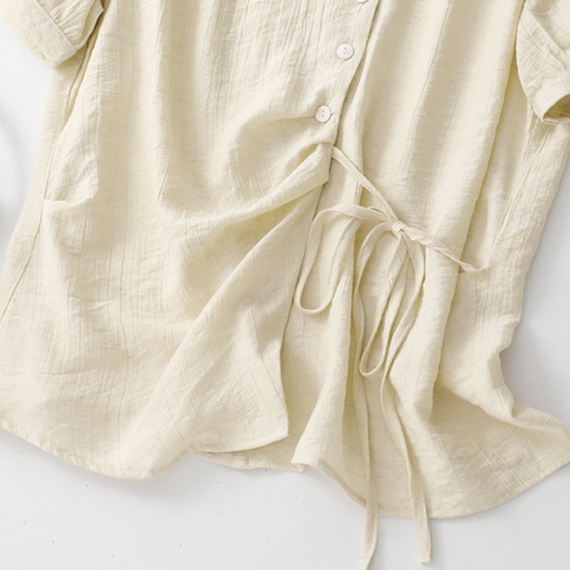 Buddha Stones Casual Plain Asymmetrical Lace-Up Design Puff Short Sleeve Women's Cotton Shirt