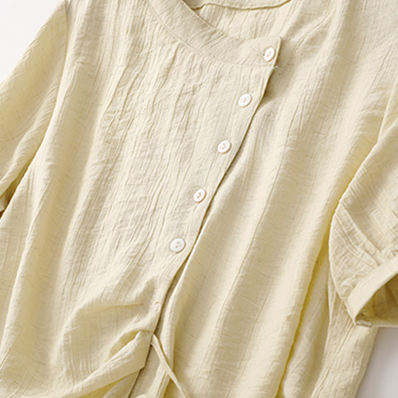 Buddha Stones Casual Plain Asymmetrical Lace-Up Design Puff Short Sleeve Women's Cotton Shirt