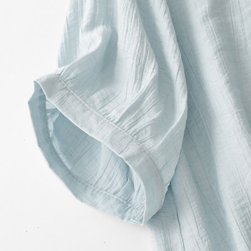 Buddha Stones Casual Plain Asymmetrical Lace-Up Design Puff Short Sleeve Women's Cotton Shirt