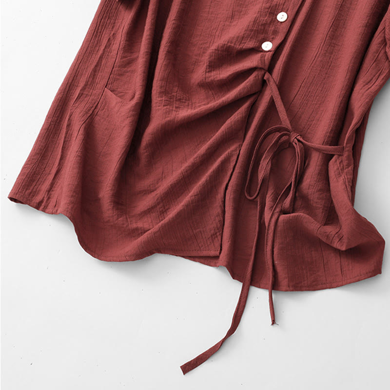 Buddha Stones Casual Plain Asymmetrical Lace-Up Design Puff Short Sleeve Women's Cotton Shirt