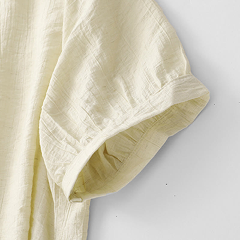 Buddha Stones Casual Plain Asymmetrical Lace-Up Design Puff Short Sleeve Women's Cotton Shirt