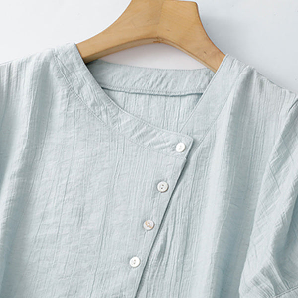 Buddha Stones Casual Plain Asymmetrical Lace-Up Design Puff Short Sleeve Women's Cotton Shirt