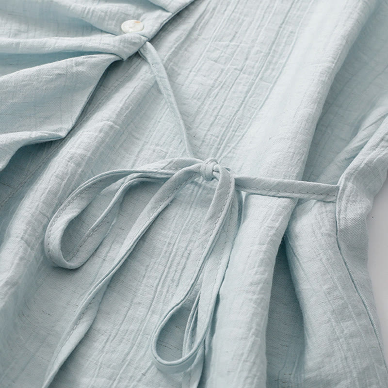 Buddha Stones Casual Plain Asymmetrical Lace-Up Design Puff Short Sleeve Women's Cotton Shirt