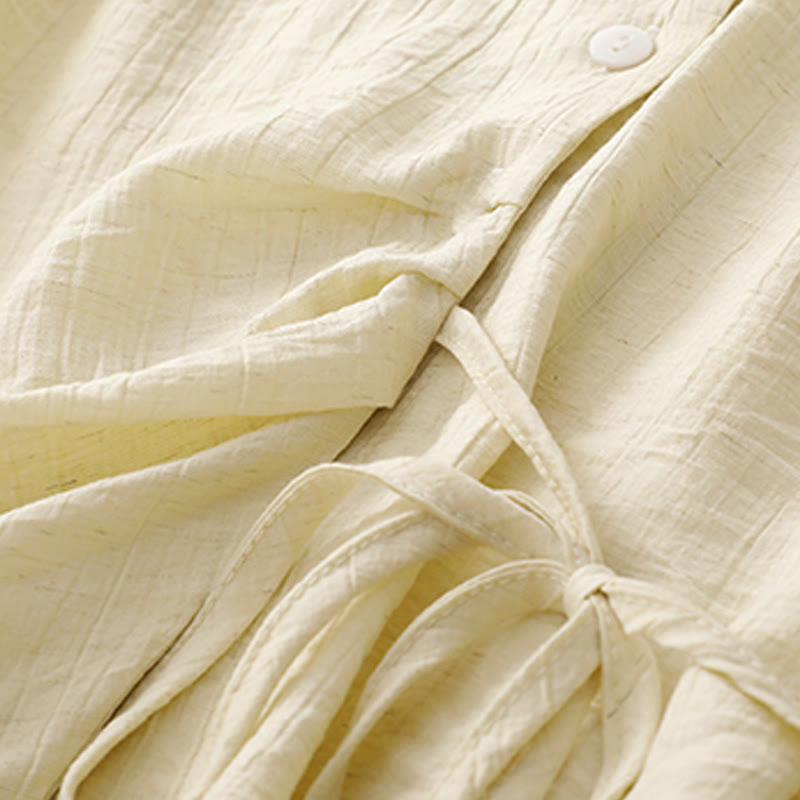 Buddha Stones Casual Plain Asymmetrical Lace-Up Design Puff Short Sleeve Women's Cotton Shirt