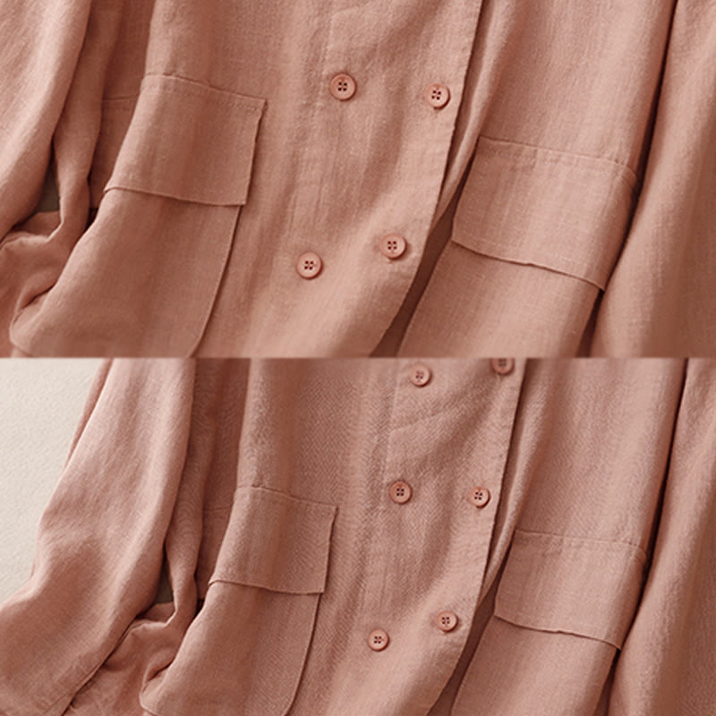 Buddha Stones Double‑Breasted Design Long Sleeve Women's Cotton Linen Jacket With Pockets