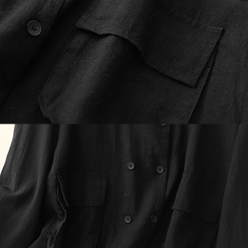 Buddha Stones Double‑Breasted Design Long Sleeve Women's Cotton Linen Jacket With Pockets