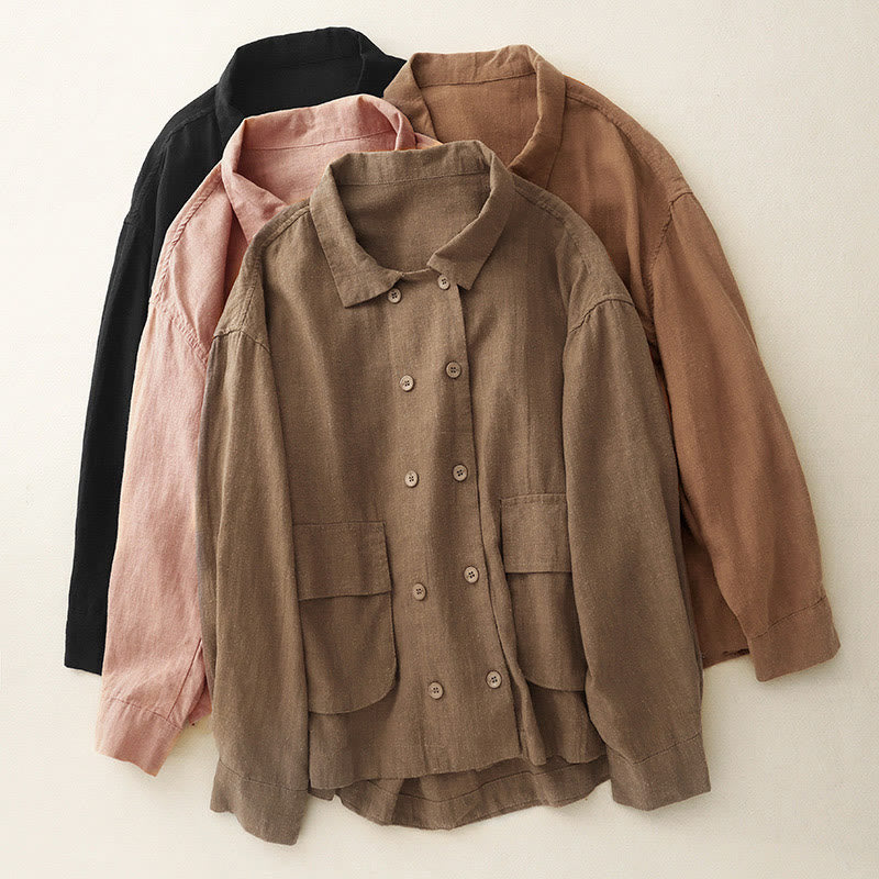 Buddha Stones Double‑Breasted Design Long Sleeve Women's Cotton Linen Jacket With Pockets