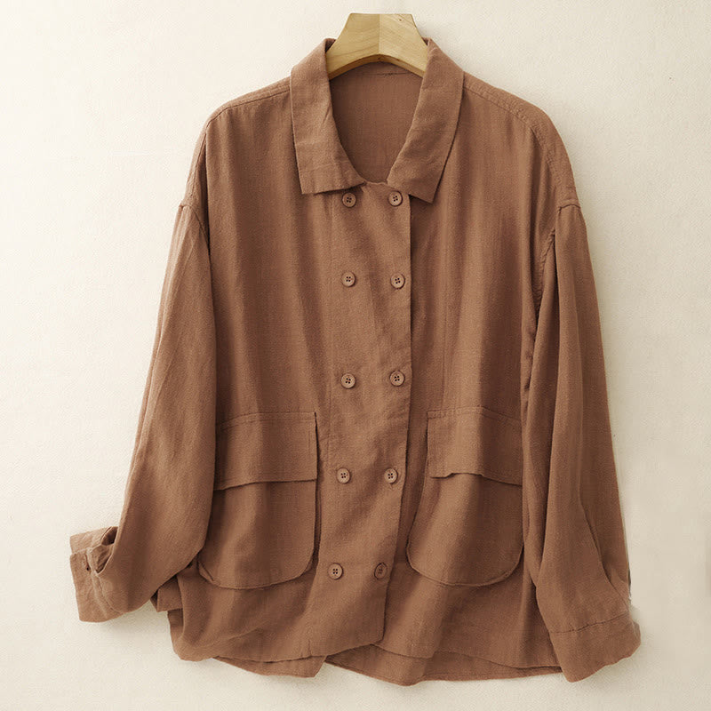Buddha Stones Double‑Breasted Design Long Sleeve Women's Cotton Linen Jacket With Pockets