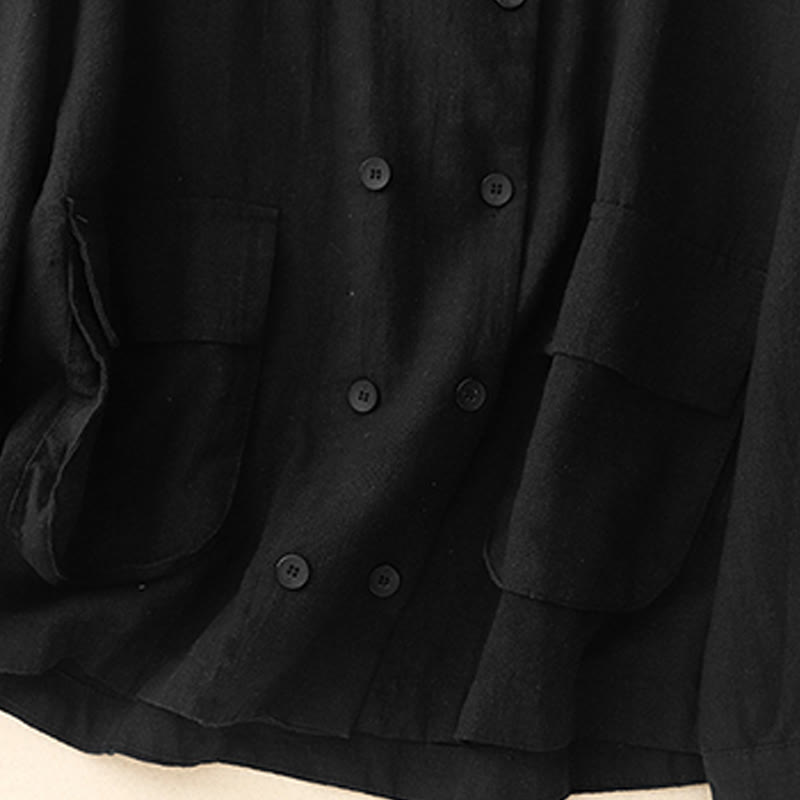 Buddha Stones Double‑Breasted Design Long Sleeve Women's Cotton Linen Jacket With Pockets
