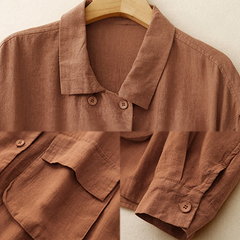 Buddha Stones Double‑Breasted Design Long Sleeve Women's Cotton Linen Jacket With Pockets