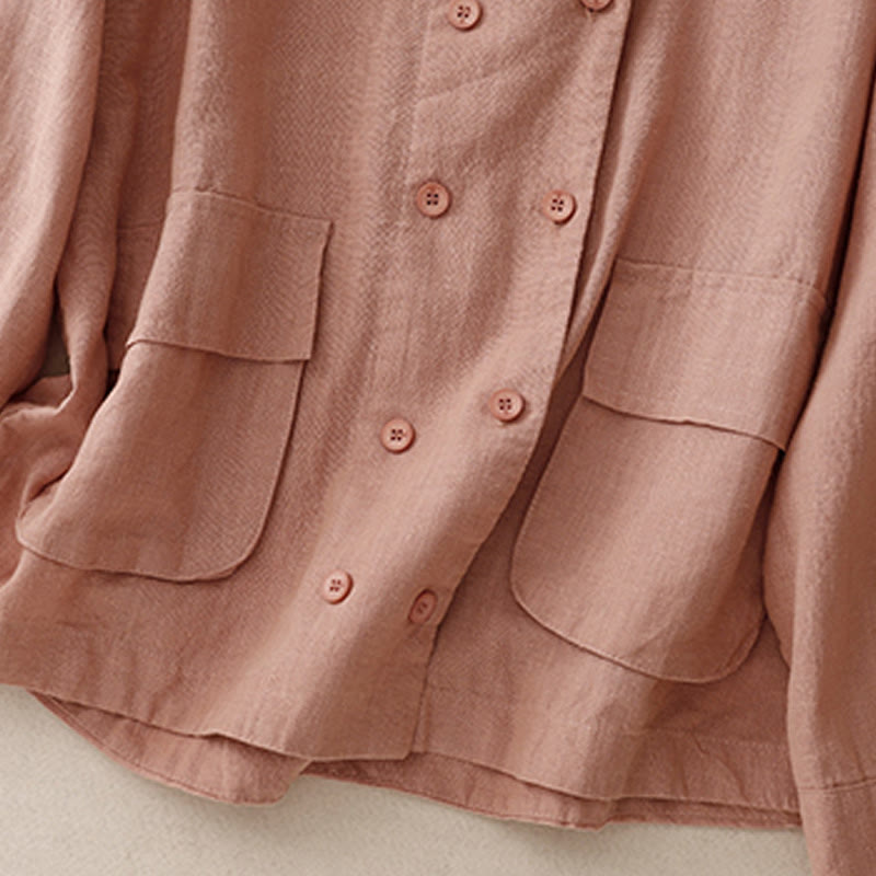 Buddha Stones Double‑Breasted Design Long Sleeve Women's Cotton Linen Jacket With Pockets