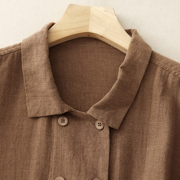 Buddha Stones Double‑Breasted Design Long Sleeve Women's Cotton Linen Jacket With Pockets