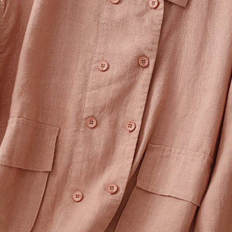 Buddha Stones Double‑Breasted Design Long Sleeve Women's Cotton Linen Jacket With Pockets