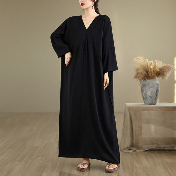 Buddha Stones Fall Casual V-Neck Long Sleeve Cotton Maxi Dress