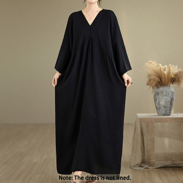 Buddha Stones Fall Casual V-Neck Long Sleeve Cotton Maxi Dress