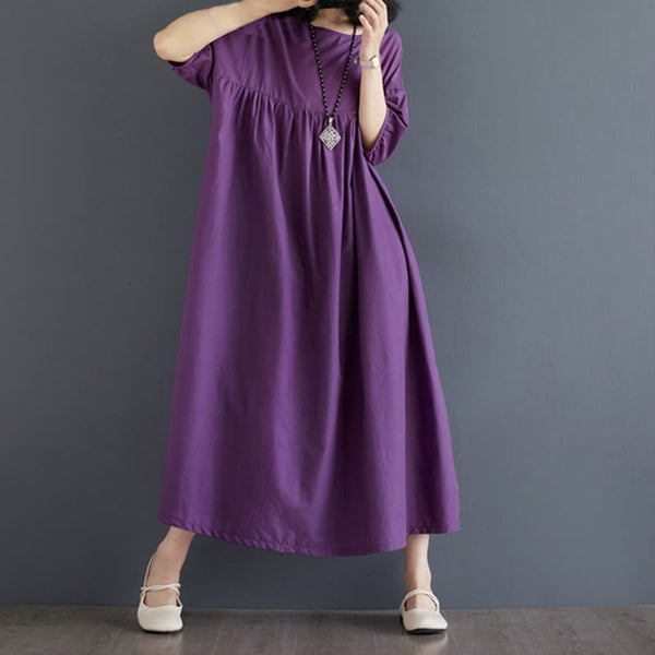 Buddha Stones Casual Solid Color Pleated Design Crew Neck Half Puff Sleeve Cotton Maxi Dress