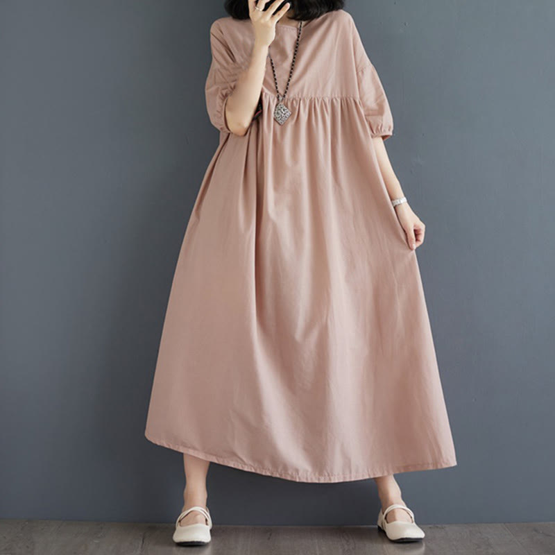 Buddha Stones Casual Solid Color Pleated Design Crew Neck Half Puff Sleeve Cotton Maxi Dress