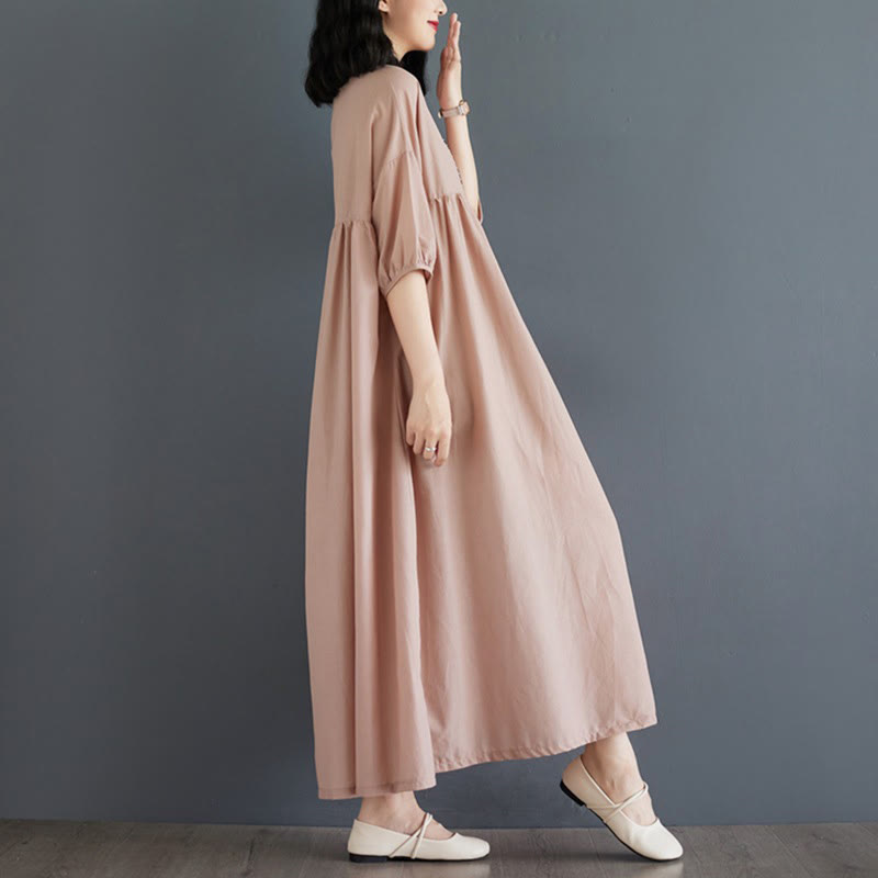 Buddha Stones Casual Solid Color Pleated Design Crew Neck Half Puff Sleeve Cotton Maxi Dress