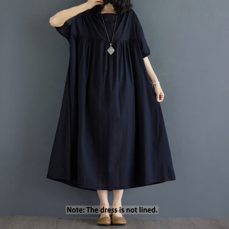 Buddha Stones Casual Solid Color Pleated Design Crew Neck Half Puff Sleeve Cotton Maxi Dress