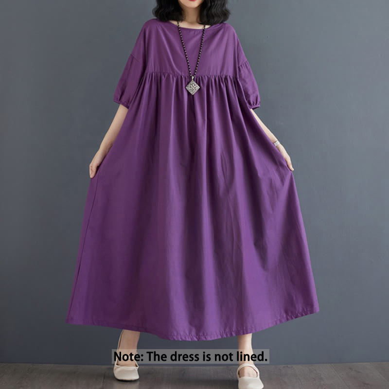 Buddha Stones Casual Solid Color Pleated Design Crew Neck Half Puff Sleeve Cotton Maxi Dress