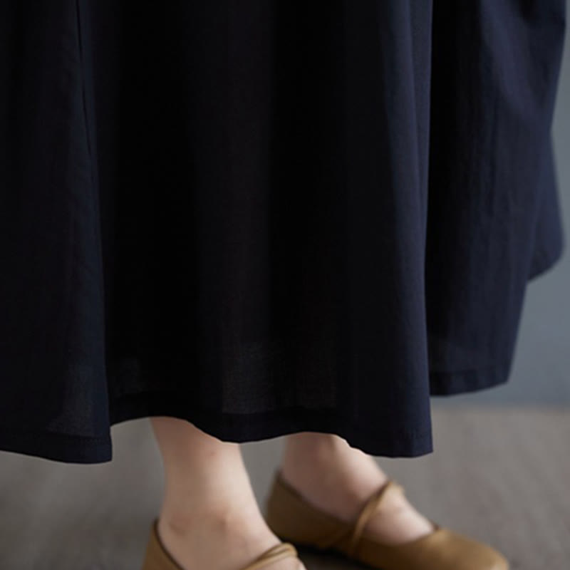 Buddha Stones Casual Solid Color Pleated Design Crew Neck Half Puff Sleeve Cotton Maxi Dress