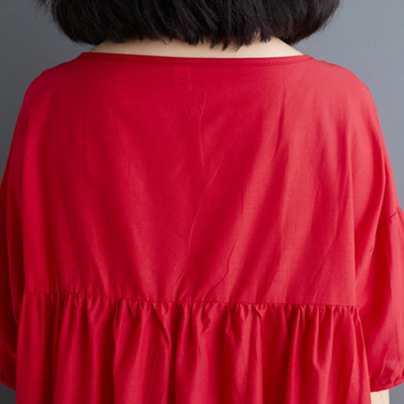 Buddha Stones Casual Solid Color Pleated Design Crew Neck Half Puff Sleeve Cotton Maxi Dress