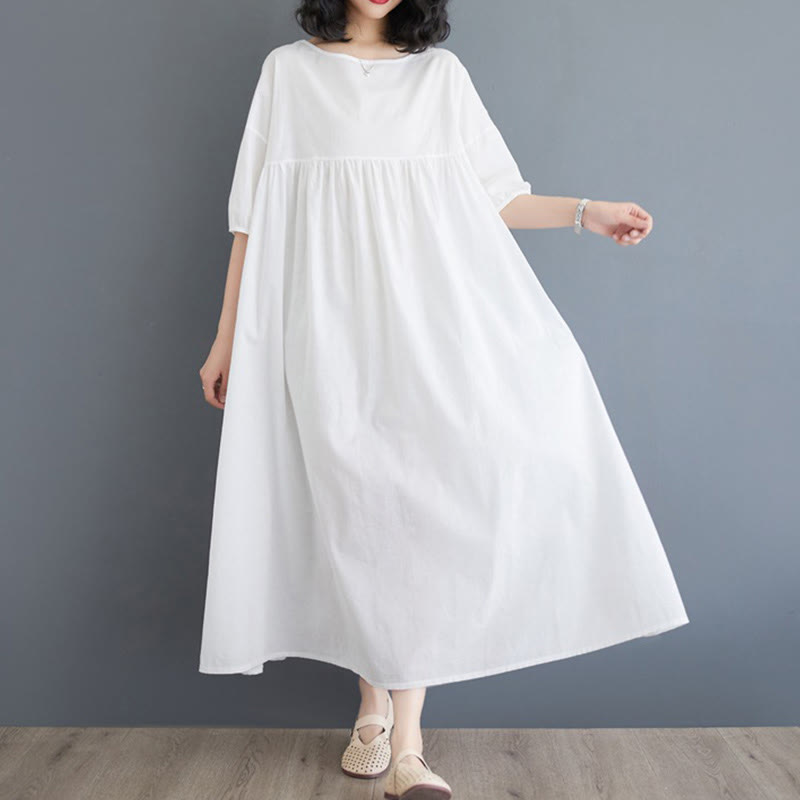 Buddha Stones Casual Solid Color Pleated Design Crew Neck Half Puff Sleeve Cotton Maxi Dress